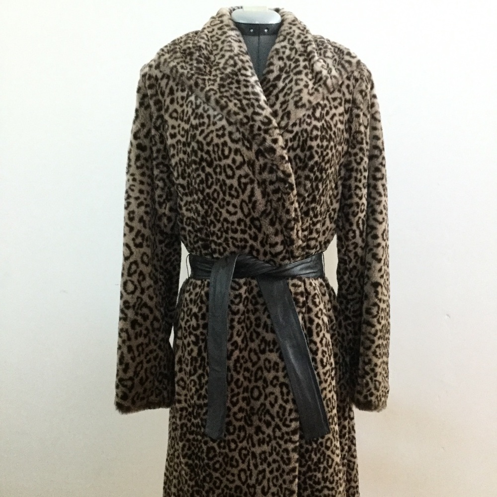 Calvin Klein brown leopard winter holiday faux fur wrap coat XS